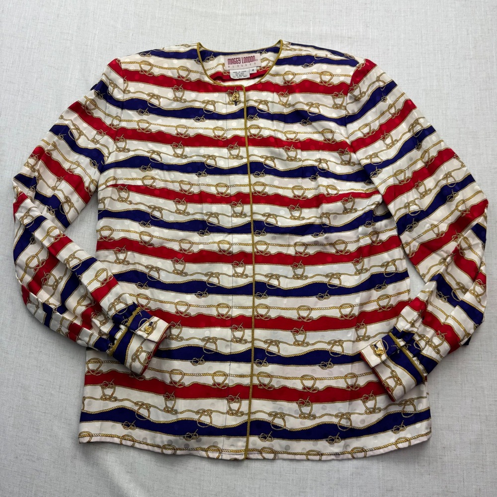VTG Maggy London Silk Blouse Women 4 Sm Red White Purple Nautical Rope Coastal